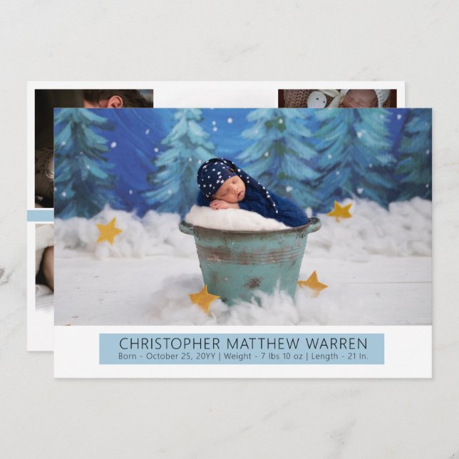 Faire-part Blanc simple et élégant |Photo Bleue Collage Garço (Devant / Derrière)