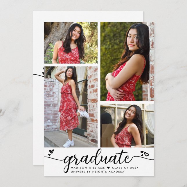 Faire-part Blancs Noirs Graduation 4 Coeurs de calligraphie p (Devant / Derrière)