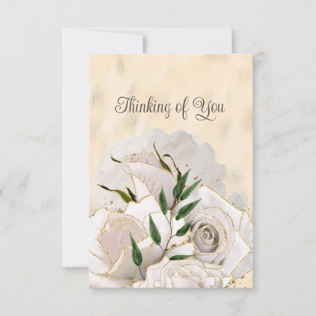 Faire-part Blank Glamour Or Roses Blanches Penser à vous (Devant)