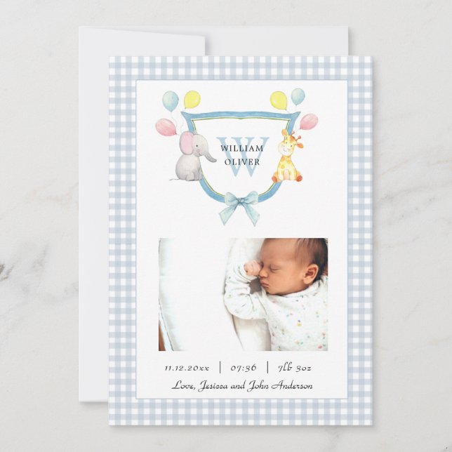 Faire-part Blason Monogrammé avec animal aquarelle naissance (Devant)