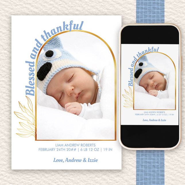 Faire-part Blessé et de grâce Arc d'or photo Bleu naissance (Arch Photo birth announcement to order printed or as a printable digital download)