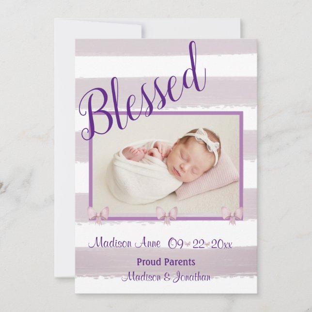Faire-part Blessé Purple Script Photo Personnaliser la naissa (Devant)