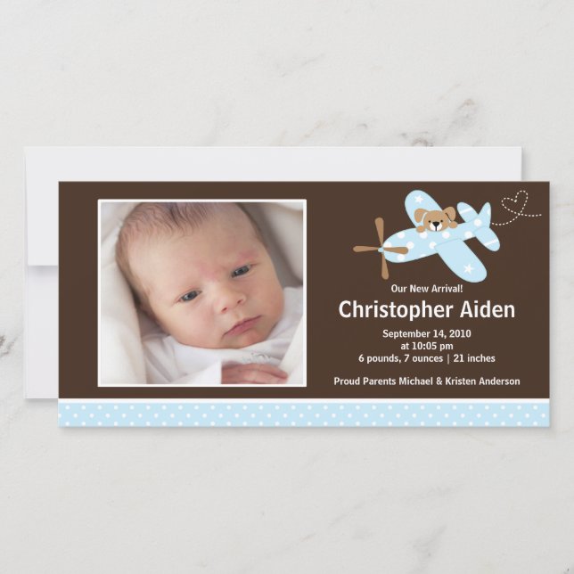 Faire-part Bleu Avion Bébé Garçon Anniversation de naissance (Devant)