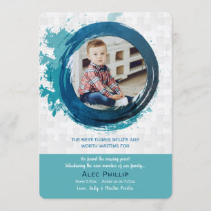 Faire-part bleu d'adoption de photo de morceaux de