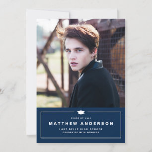 Faire-part Bleu de la Marine Classic Graduation Cap Photo Gra