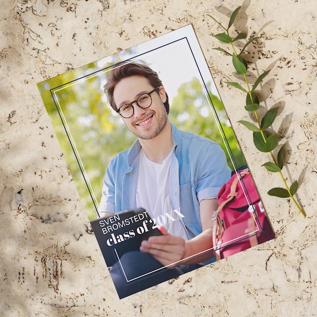 Faire-part Bleu foncé Blanc Minimaliste Graduation (Créateur téléchargé)