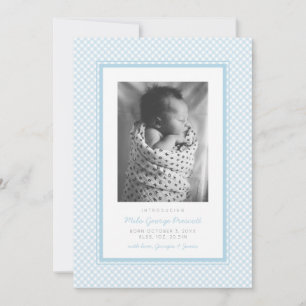 Faire-part Bleu gingham douce simple une photo naissance