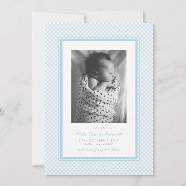 Faire-part Bleu gingham douce simple une photo naissance (Devant)