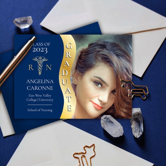 Faire-part Bleu | Gold Graduate Wave Caduceus RN Nuring Grad (Créateur téléchargé)