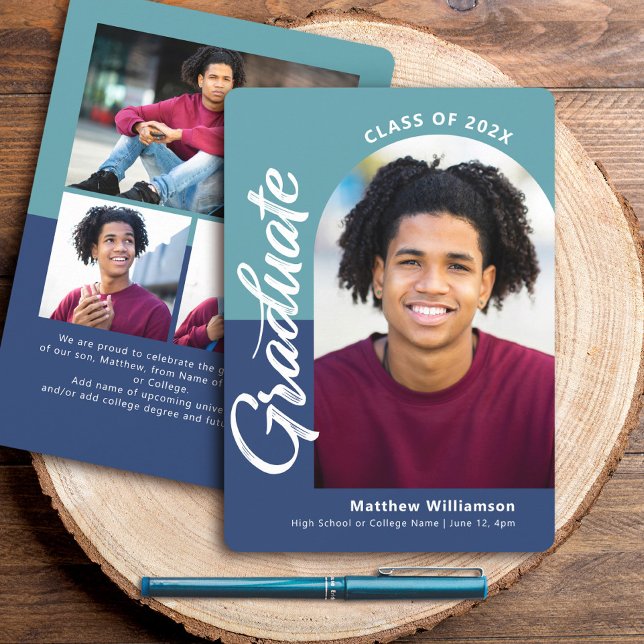 Faire-part Bleu Graduation 4 Photo Bold Arch Script Moderne (Créateur téléchargé)