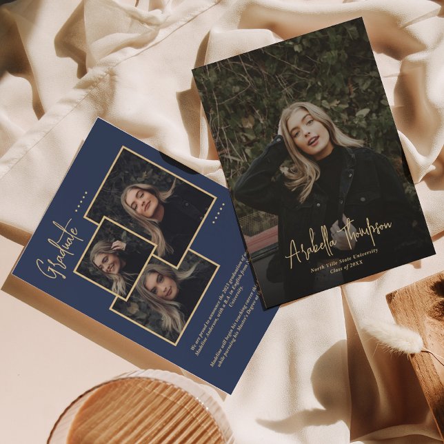 Faire-part Bleu Marine Fancy Script Photo Collage Graduation (Créateur téléchargé)