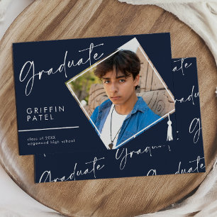Faire-part Bleu Marine Moderne Diplômé Cap Photo Graduation