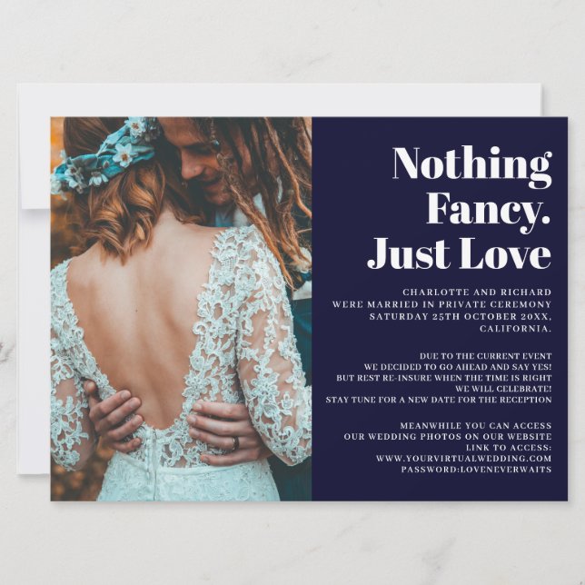 Faire-part bleu marine moderne juste amour elopement photo ma (Devant)