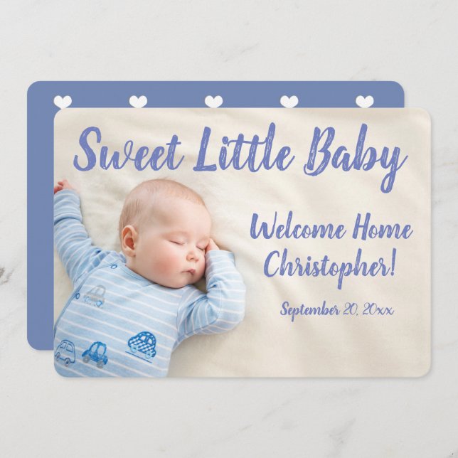 Faire-part Bleu Nouveau bébé, Photo Avec Nom, (Devant / Derrière)