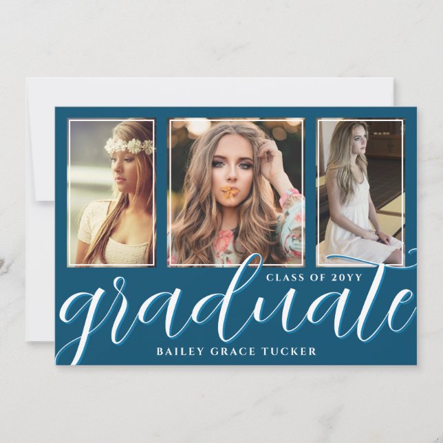 Faire-part Bleu Océan Script 3-Photo Graduate (Devant)