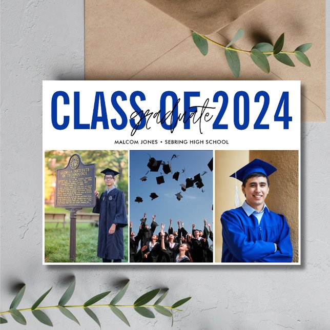 Faire-part Bleu photo collage de la fin d'études secondaires (High School Graduation Blue Photo Collage Announcement)