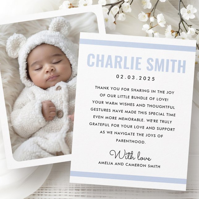 Faire-part bleu poussiéreux moderne blanc nouveau bébé photo  (Modern dusty blue white new baby birth photo announcement)