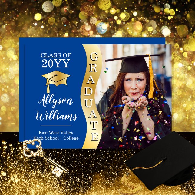 Faire-part Bleu profond | Gold Graduate Wave Grad Casquette p (Elegant Deep Blue and Gold Tone Graduate Wave Grad Cap Photo Announcement for Print and/or Download)