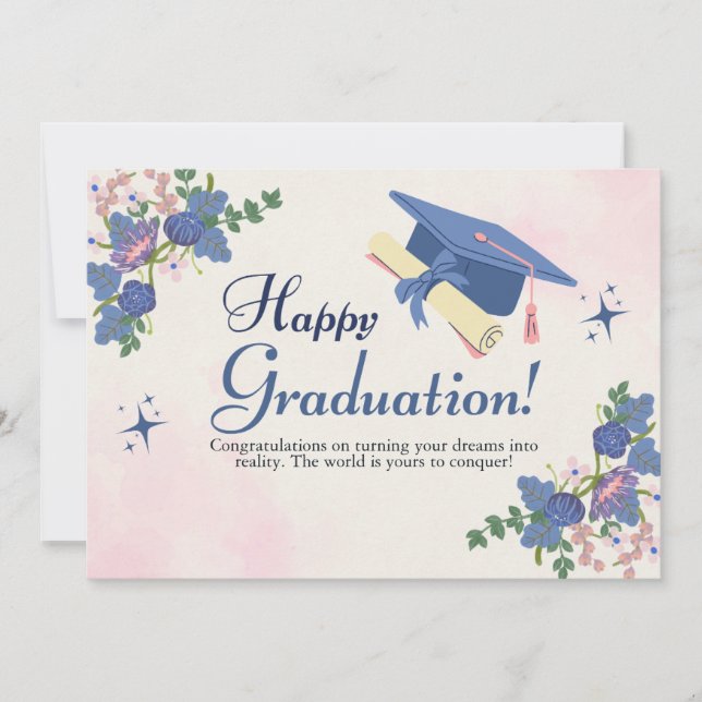 Faire-part Bleu rose Doux Fleur Joyeux Graduation (Devant)