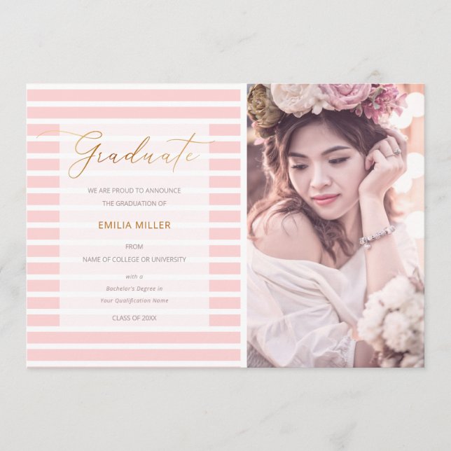 Faire-part Bleu rose rayures Moderne Graduation Photo (Devant)