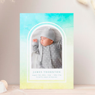 Faire-part bleu vert jaune aquarelle photo bébé naissance