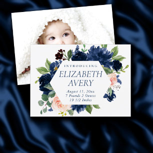 Faire-part Blooms Chics   Naissance photo bleu marine et rose