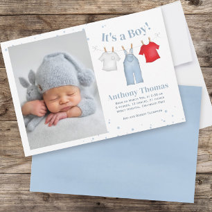 Faire-part Blue Baby Boy Cute Photo personnalisée