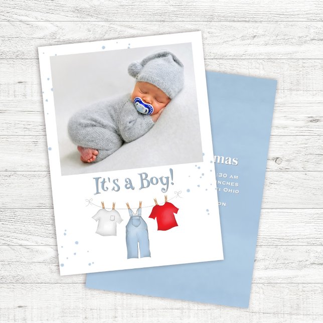 Faire-part Blue Baby Boy Photo Clothesline Custom ("It's a boy" custom photo baby boy birth announcements.)