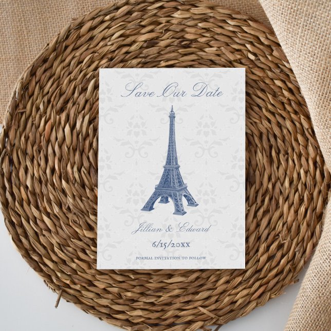 Faire-part Blue Eiffel Tower Damask Enregistrer La Date (Blue Eiffel Tower Damask Save the Date)
