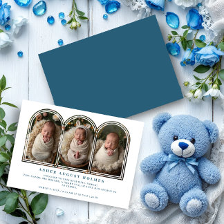 Faire-part Blue Elegant 3-Photo Collage Arch Newborn