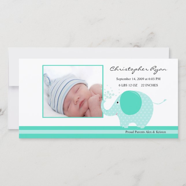 Faire-part Blue Elephant Baby Boy Annouement de naissance (Devant)