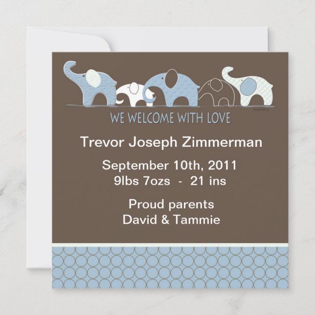 Faire-part Blue Elephant Bébé Annouement sans photo (Devant)