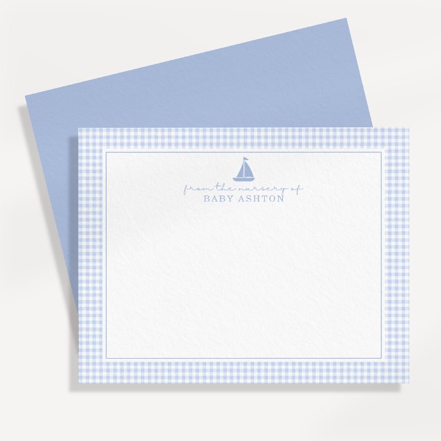 Faire-part Blue Gingham Sailboat Nursery Note Card (Créateur téléchargé)