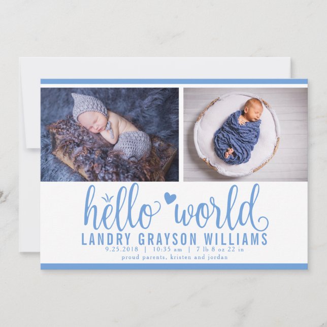 Faire-part Blue Hello World Photo Birth Stat (Devant)