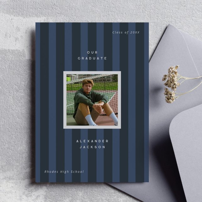 Faire-part Blue Sporty Stripes Graduation Photo  (dark blue sporty stripes modern graduation photo announcement card)