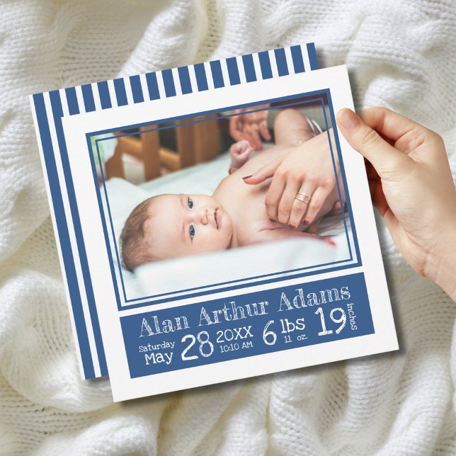 Faire-part Blue Stripes Bébé Photo Birth Stats (Créateur téléchargé)