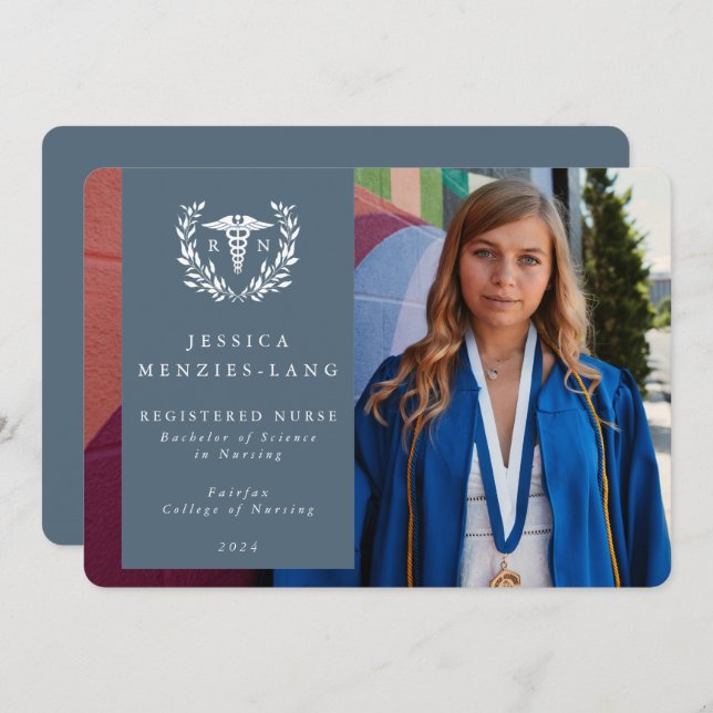 Faire-part Blue + White Laurel Wreath Registered Nurse Photo (Devant / Derrière)