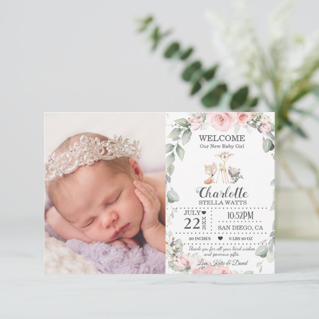 Faire-part Blush Floral Woodland Animaux Nouveau bébé Photo N (Debout devant)