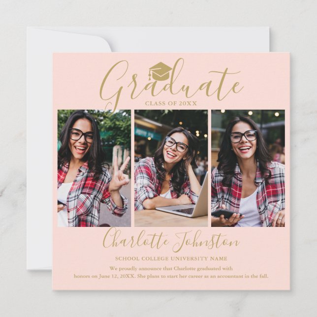 Faire-part Blush Pink Gold Script Graduate 4 Diplôme de photo (Devant)