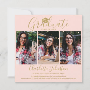 Faire-part Blush Pink Gold Script Graduate 4 Diplôme de photo