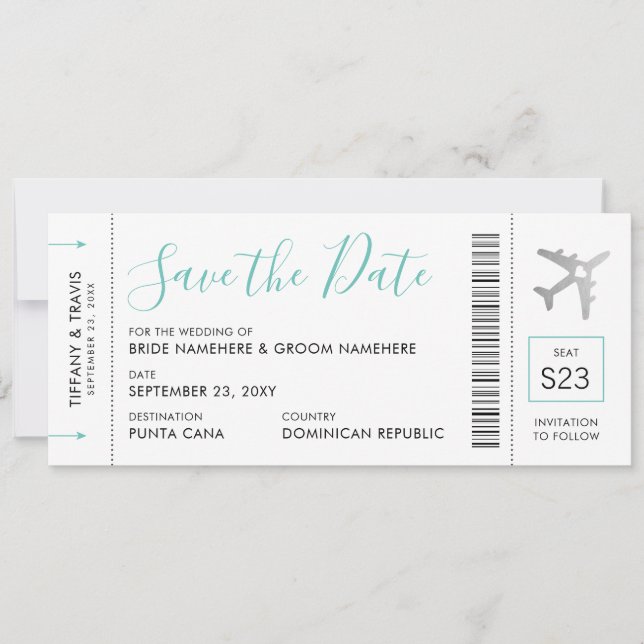 Faire-part Boarding Pass Ticket Save the Date Silver Plane (Devant)