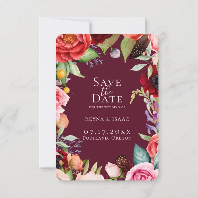 Faire-part Bohème Blooms Bordeaux Enregistrer La Date (Devant)