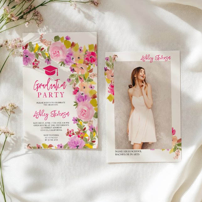 Faire-part Bohème rose roses fleur sauvage graduation de prin (Bohemian pink roses wildflowers spring graduation announcement)