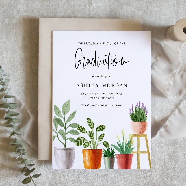 Faire-part Boho Aquarelle Poted Houseplants Graduation (Customizable boho graduation announcement featuring watercolor potted houseplants. )