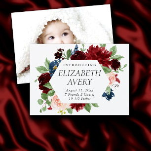 Faire-part Boho Bloom Bugundy Red et Navy Blue Photo Birth