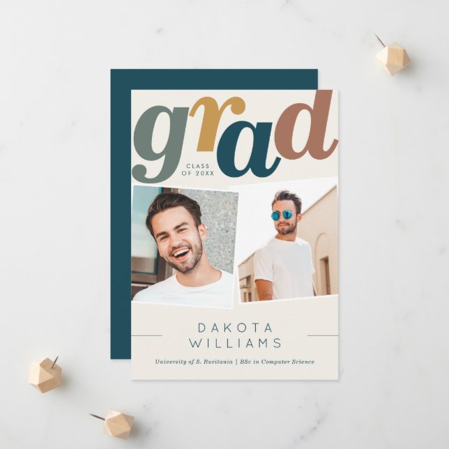 Faire-part Boho Blue & Beige Grad Typographie Photo Graduatio (Devant/Arrière en situation)