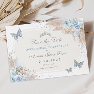 Faire-part Boho Blue Silver Floral Quinceanera Enregistrer la