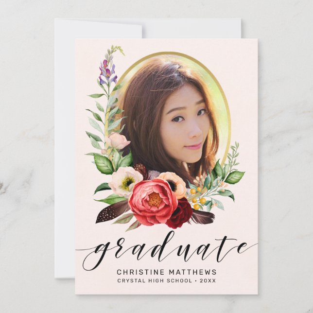 Faire-part Boho Blush Floral Photo Black Script Graduation (Devant)