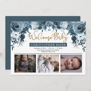 Faire-part Boho Boy 3 Photo Blue Watercolor Or Floral Birth
