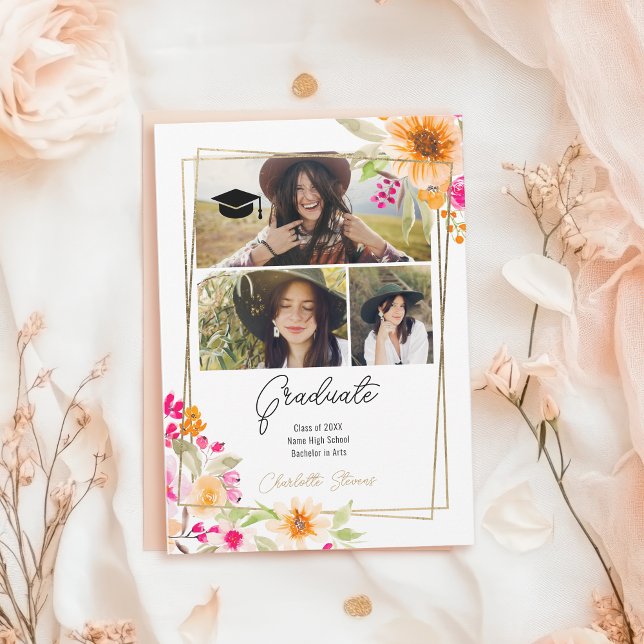 Faire-part Boho Chic 3 Photo Aquarelle Florale Graduation (Boho Chic 3 Photo Watercolor Floral Graduation Announcement)